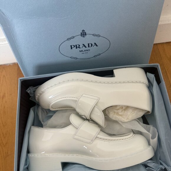NWT Prada Loafers Vernice White Patent Leather Triangle Logo Chunky Sole - Picture 4 of 11